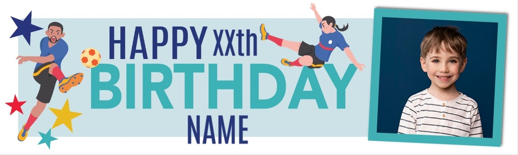 Personalised Happy Birthday Banner - Blue Kids Football - Enter Custom Age & 1 Photo Upload New