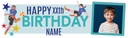Personalised Happy Birthday Banner - Blue Kids Football - Enter Custom Age & 1 Photo Upload New