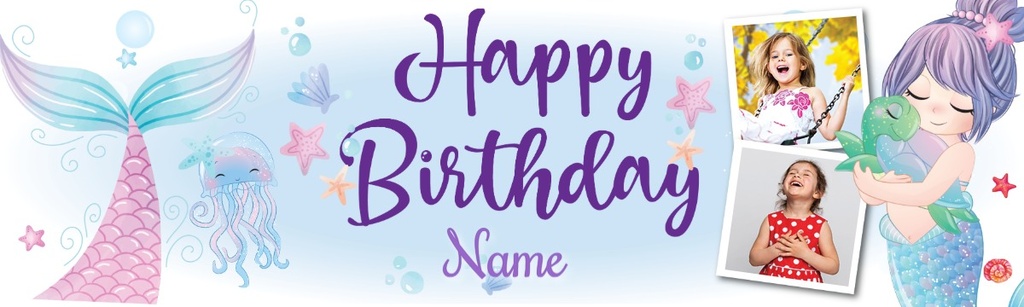 Personalised Happy Birthday Banner - Cute Mermaid - Custom Name & 2 Photo Upload