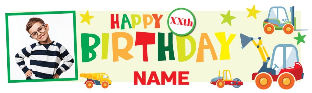 Personalised Happy Birthday Banner - Diggers & Trucks - Custom Age & 1 Photo Upload