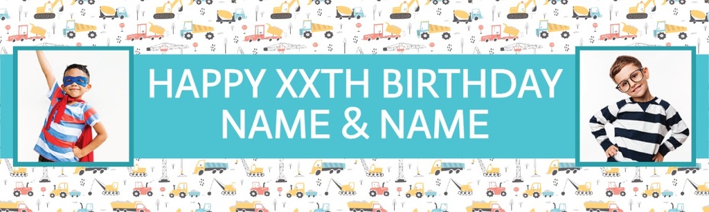Personalised Happy Birthday Banner - Diggers & Trucks Twins - Custom Name & 2 Photo Upload