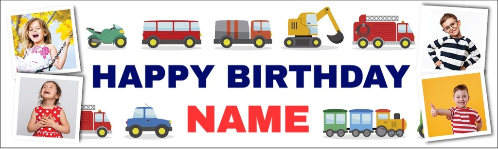 Personalised Happy Birthday Banner - Diggers Trucks & Trains - Custom Name & 4 Photo Upload