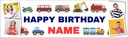 Personalised Happy Birthday Banner - Diggers Trucks & Trains - Custom Name & 4 Photo Upload