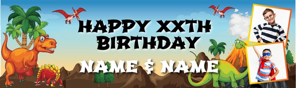 Personalised Happy Birthday Banner - Dinosaur Theme Twins - Custom Name & 2 Photo Upload