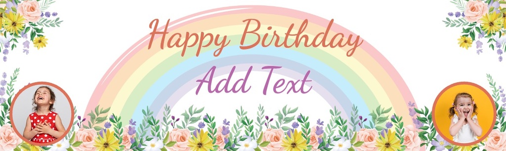 Personalised Happy Birthday Banner - Floral Rainbow - Custom Name & 2 Photo Upload