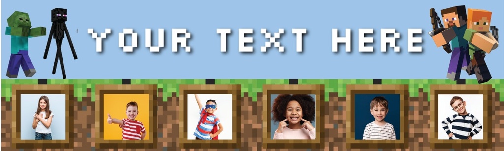 Personalised Happy Birthday Banner - Gaming Kids Blocks - Custom Text & 6 Photo Upload