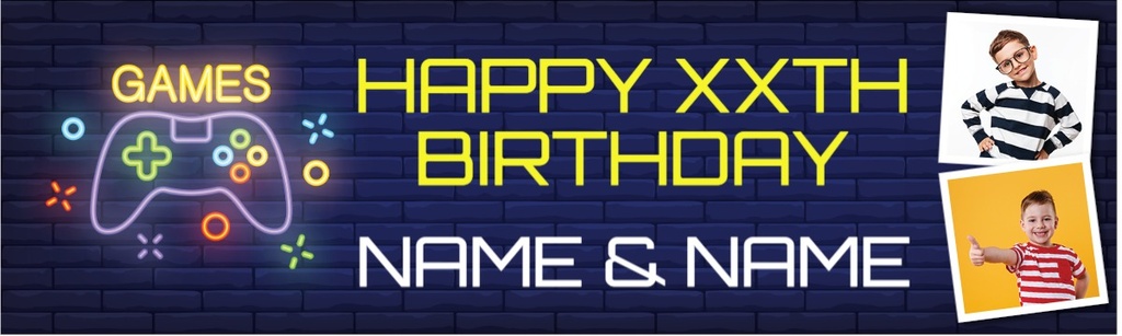 Personalised Happy Birthday Banner - Gaming Twins - Custom Name & 2 Photo Upload