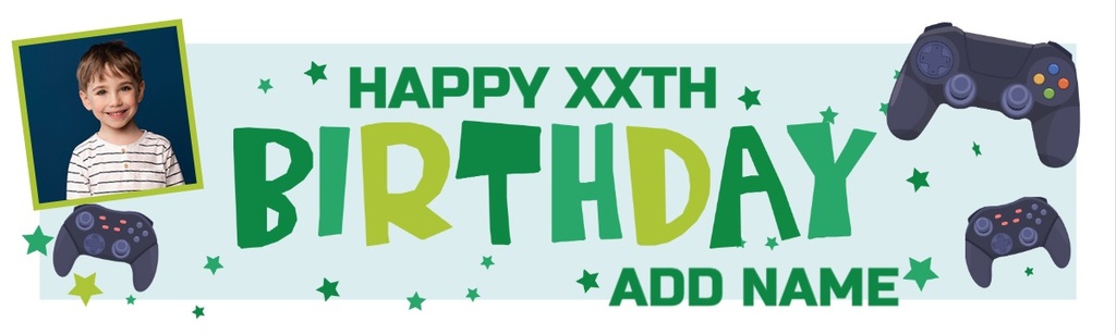 Personalised Happy Birthday Banner - Green Gaming - Custom Name & 1 Photo Upload