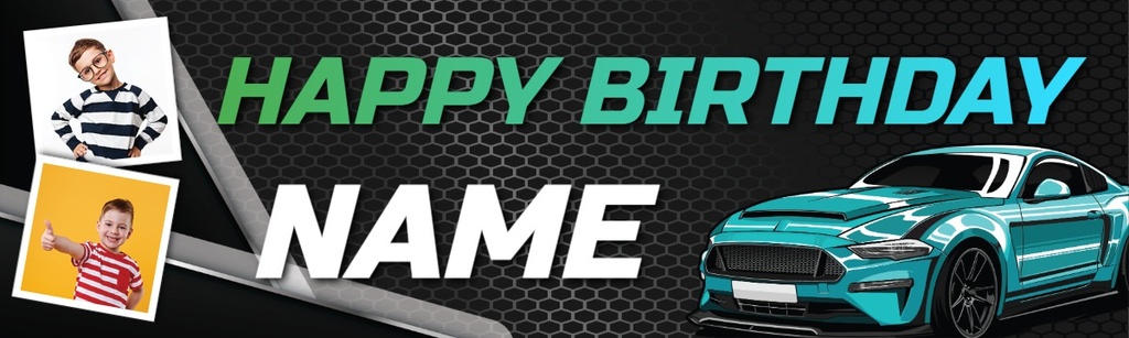 Personalised Happy Birthday Banner - Green Sports Car - Custom Name & 2 Photo Upload