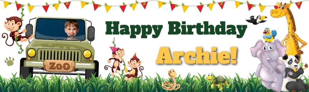Personalised Happy Birthday Banner - Jeep Safari - Custom Name & 1 Photo Upload