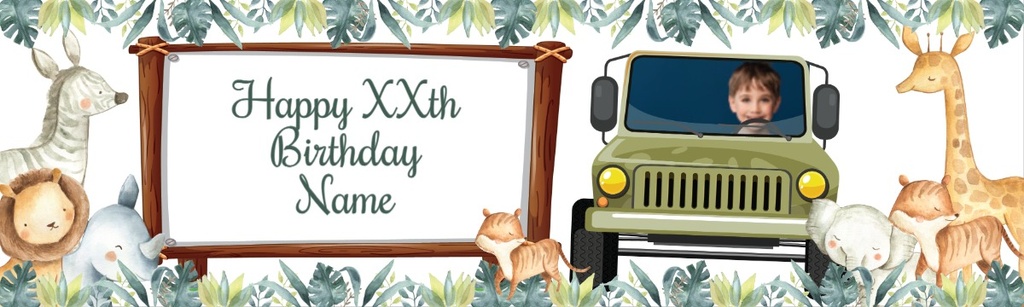 Personalised Happy Birthday Banner - Jeep Safari Animals - Custom Age & 1 Photo Upload New