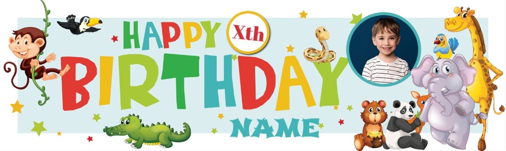 Personalised Happy Birthday Banner - Jungle Animals - Custom Name, Age & 1 Photo Upload