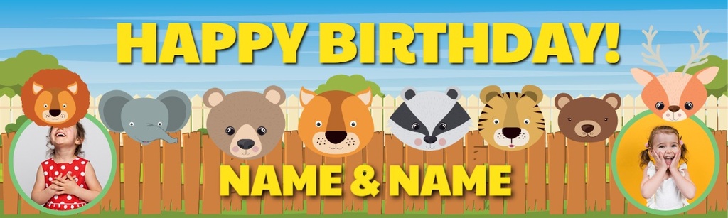 Personalised Happy Birthday Banner - Jungle Animals Twins - Custom Name & 2 Photo Upload