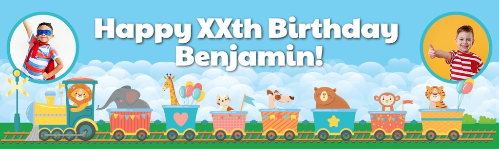 Personalised Happy Birthday Banner - Lion Circus Train - Custom Text & 2 Photo Upload