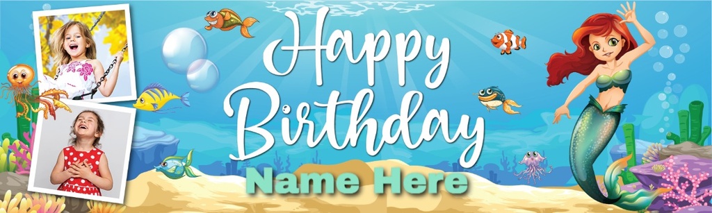Personalised Happy Birthday Banner - Little Mermaid - Custom Name & 2 Photo Upload
