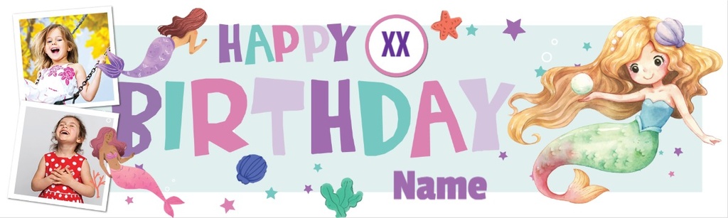 Personalised Happy Birthday Banner - Mermaid - Custom Name, Age & 2 Photo Upload