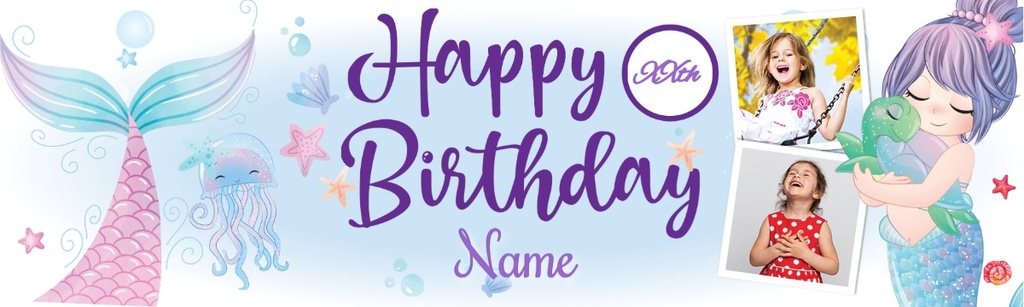 Personalised Happy Birthday Banner - Mermaid Friends - Custom Name, Age & 2 Photo Upload