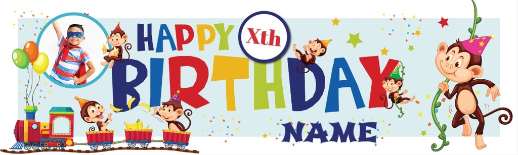 Personalised Happy Birthday Banner - Monkey Train - Custom Age, Name & 1 Photo Upload
