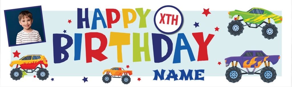 Personalised Happy Birthday Banner - Monster Truck - Custom Name, Age & 1 Photo Upload