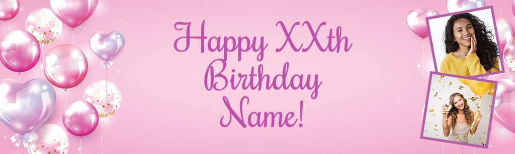 Personalised Happy Birthday Banner - Pink Balloons - Custom Age