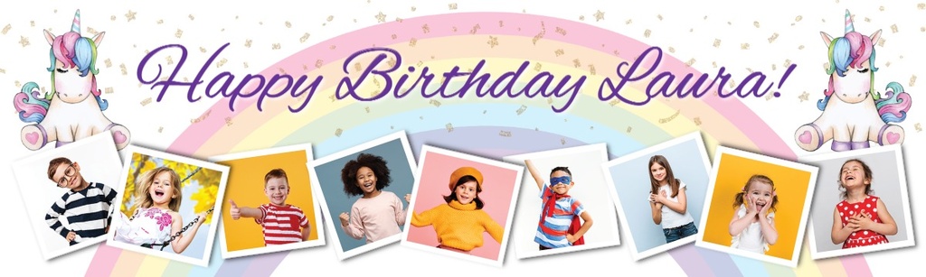 Personalised Happy Birthday Banner - Pretty Unicorn Party - 9 Photo Upload