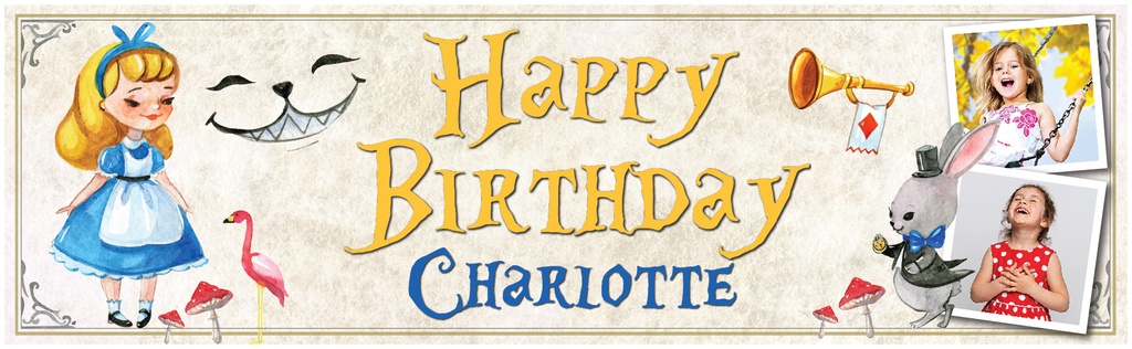 Personalised Happy Birthday Banner - Rabbit Cat Alice In Wonderland - Custom Name & 2 Photo Upload