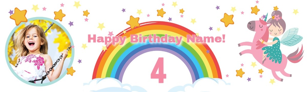 Personalised Happy Birthday Banner - Rainbow & Unicorn - Text, Age & 1 Photo Upload