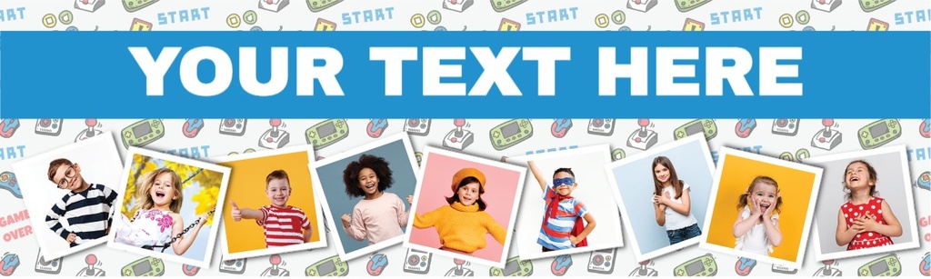 Personalised Happy Birthday Banner - Retro Gaming Kids - Custom Text & 9 Photo Upload