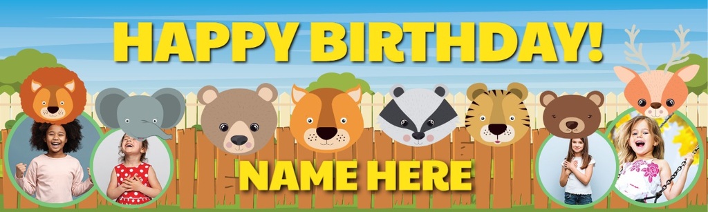 Personalised Happy Birthday Banner - Safari Animals Kids - Custom Name & 4 Photo Upload