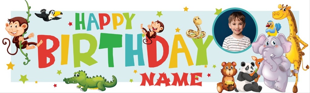 Personalised Happy Birthday Banner - Safari Animal Party Kids - Custom Name & 1 Photo Upload