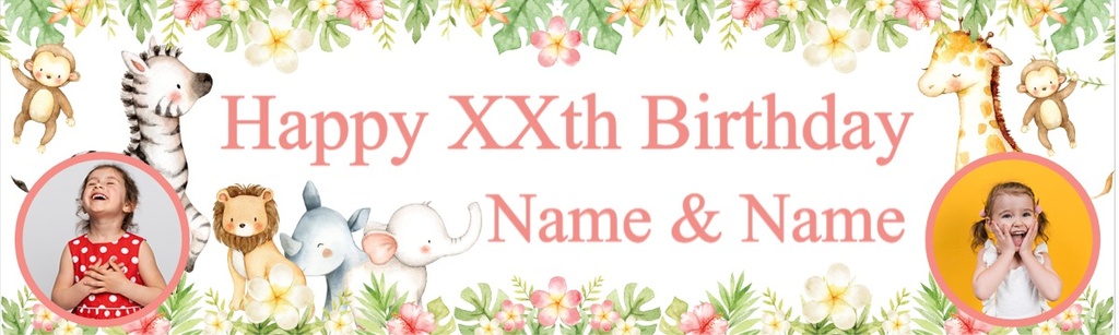 Personalised Happy Birthday Banner - Safari Animals Twins - Custom Name & 2 Photo Upload