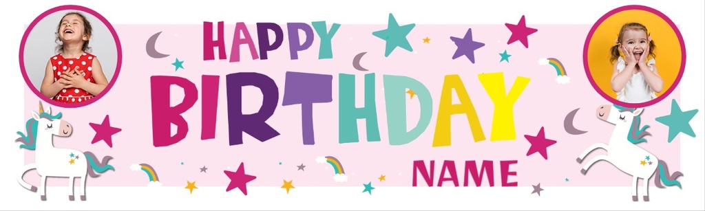 Personalised Happy Birthday Banner - Stars & Unicorns - Custom Name & 2 Photo Upload