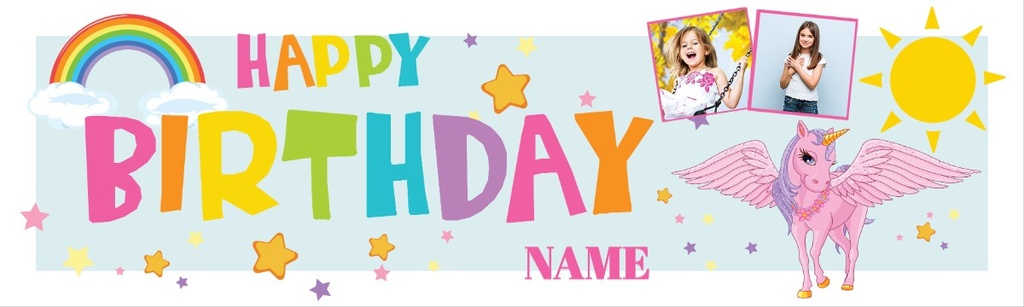 Personalised Happy Birthday Banner - Sunshine Rainbow Unicorn - Custom Name & 2 Photo Upload