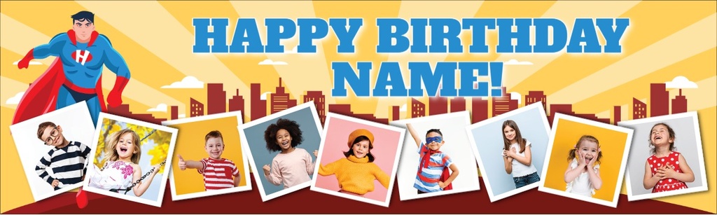 Personalised Happy Birthday Banner - Superman Superhero - Custom Name & 9 Photo Upload