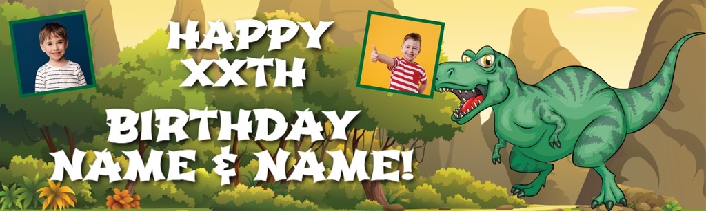 Personalised Happy Birthday Banner - T-Rex Dinosaur Twins - Custom Name & 2 Photo Upload