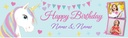Personalised Happy Birthday Banner - Unicorn Twins - Custom Name & 2 Photo Upload