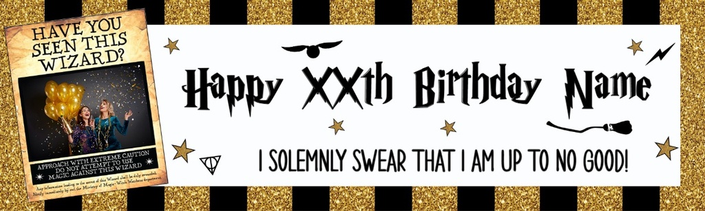 Personalised Happy Birthday Banner - Wizard Design - Custom Age & 1 Photo Upload