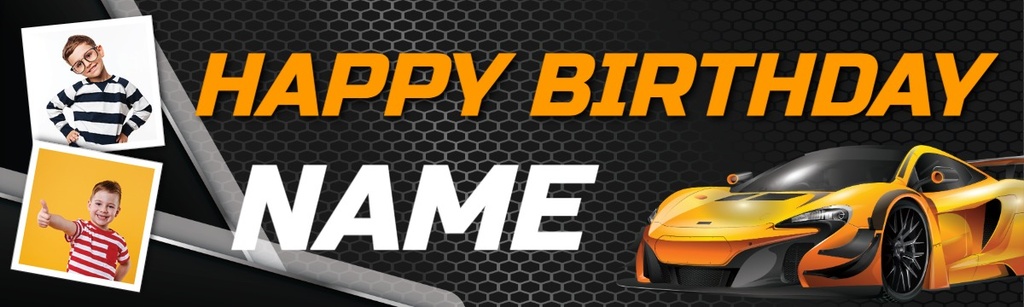 Personalised Happy Birthday Banner - Yellow Sports Car - Custom Name & 2 Photo Upload