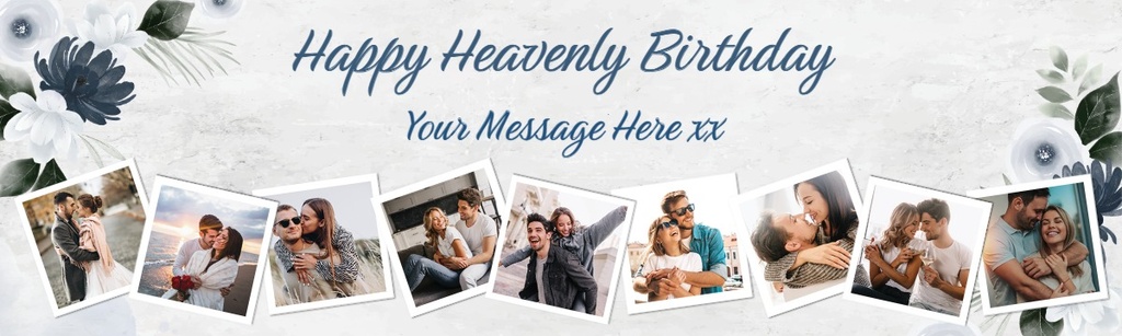 Personalised Heavenly Birthday Banner - Blue Floral Design - Custom Name & 9 Photo Upload