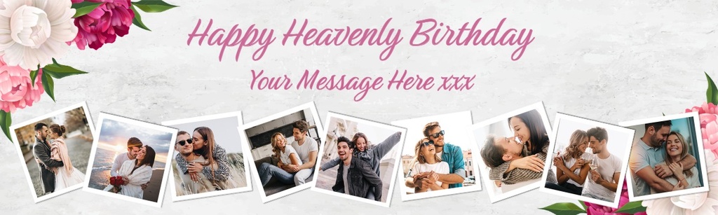 Personalised Heavenly Birthday Banner - Pink Floral Design - Custom Name & 9 Photo Upload
