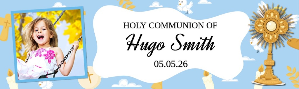 Personalised Holy Communion Banner - Gold Cross Blue Design - Custom Text & 1 Photo Upload