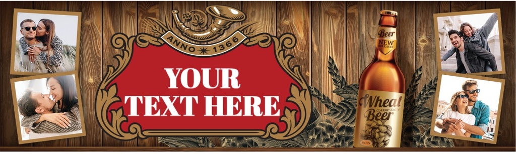 Personalised Bar Banner - Beer Wood Background - Custom Text & 4 Photo Upload