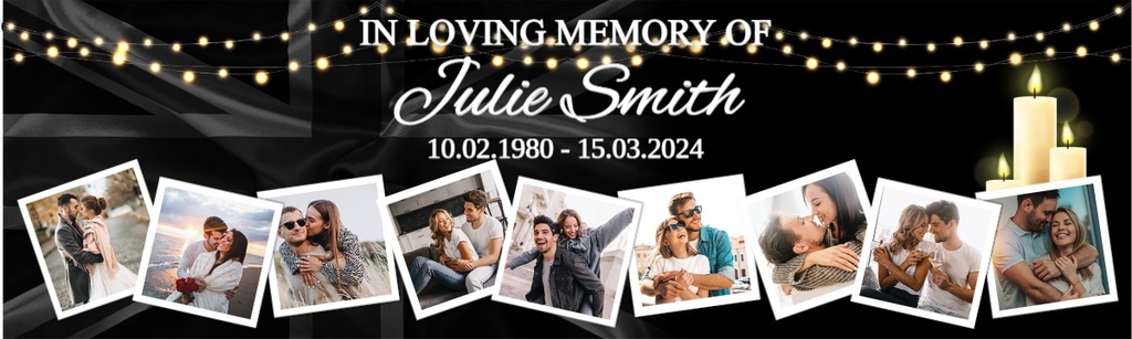 Personalised Memorial Banner - Funeral Candles - Custom Name & Date & 9 Photo Upload