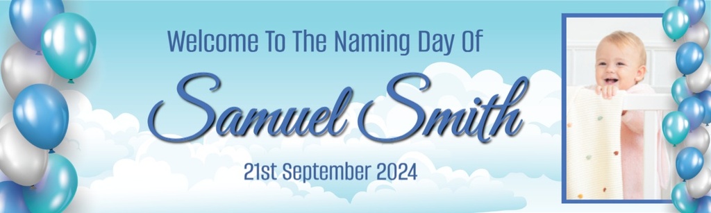 Personalised Naming Day Banner - Blue Balloons - Custom Name Date & 1 Photo Upload