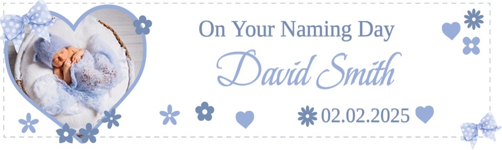 Personalised Naming Day Banner - Blue Hearts - Custom Name, Date & 1 Photo Upload