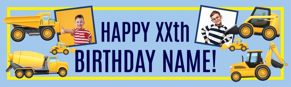 Personalised Party Banner - Diggers & Trucks Kids - 2 Photo Upload & Custom Text