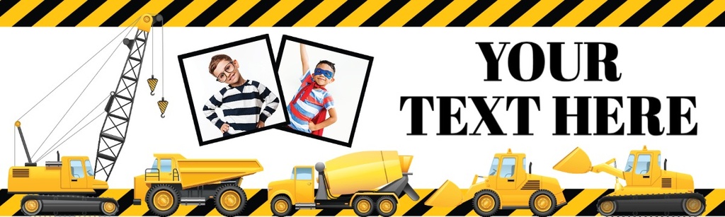 Personalised Party Banner - Diggers Cranes & Trucks - Custom Text & 2 Photo Upload