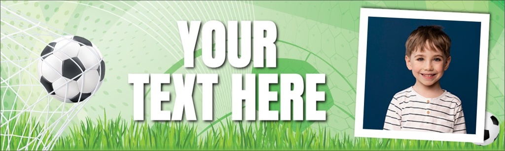 Personalised Party Banner - Green Kids Football - Custom Text & 1 Photo Upload