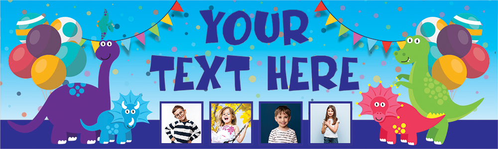 Personalised Party Banner - Kids Dinosaur - Custom Text & 4 Photo Upload