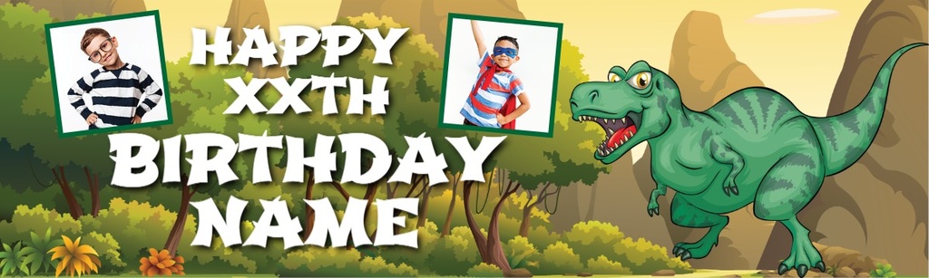 Personalised Party Banner - Kids Dinosaur T-Rex - Custom Text & 2 Photo Upload